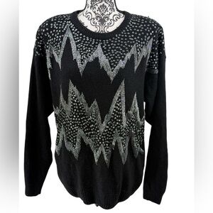 Vintage 80s Nilani Silk Angora Beaded Sequin Sweater Black Silver Embellished, L
